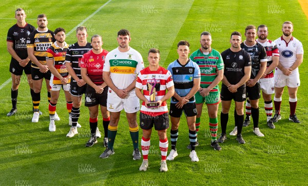 300823 - WRU Indigo Premiership League launch - Ioan Hughes, captain of current Indigo Premiership Champions, Llandovery, with the other 12 teams who will be competing in the 2023-24 competition