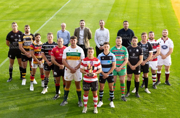 300823 - WRU Indigo Premiership League launch - Ioan Hughes, captain of current Indigo Premiership Champions, Llandovery, with the other 12 teams who will be competing in the 2023-24 competition, and representatives of Indigo