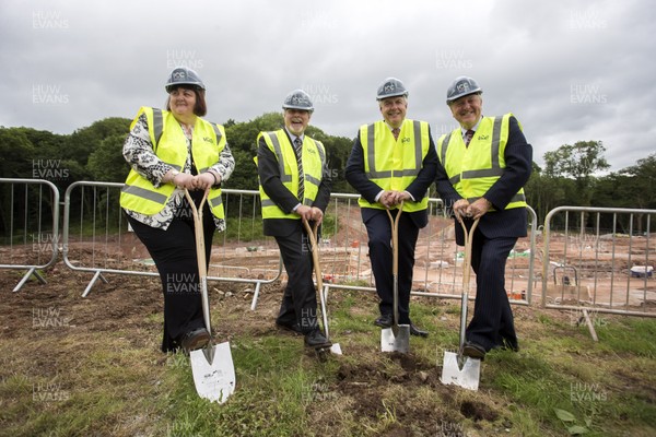 230617 - Picture shows Debbie Wilcox Sir Terry Matthews First Minister of Wales Carwyn Jones and Stephen Bowcott at the site of the new International Convention Centre Wales at the Celtic Manor Resort Once complete in 2019, ICC Wales will provide total floor space for meetings, conferences, exhibitions and events An 837 million pound joint venture between Celtic Manor and Welsh Government