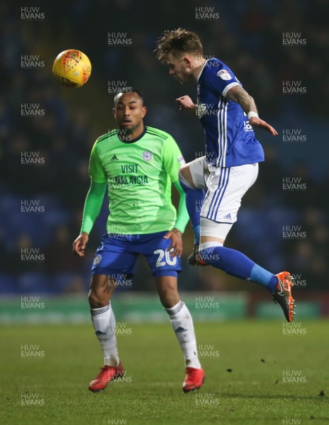 210218 - Ipswich Town v Cardiff City, Sky Bet Championship - Luke Hyam of Ipswich Town plays the ball past Loic Damour of Cardiff City