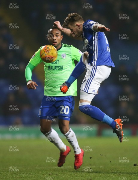 210218 - Ipswich Town v Cardiff City, Sky Bet Championship - Luke Hyam of Ipswich Town plays the ball past Loic Damour of Cardiff City