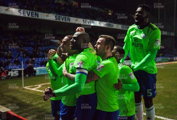 210218 - Ipswich Town v Cardiff City, Sky Bet Championship - Cardiff players celebrate with Kenneth Zohore of Cardiff City after he scores goal