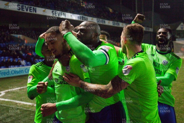 210218 - Ipswich Town v Cardiff City, Sky Bet Championship - Cardiff players celebrate with Kenneth Zohore of Cardiff City after he scores goal