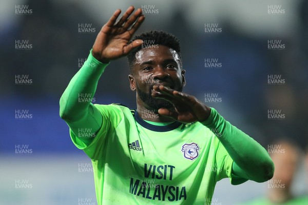 210218 - Ipswich Town v Cardiff City, Sky Bet Championship - Bruno Ecuele Manga of Cardiff City celebrates with the travelling fans at the end of the match