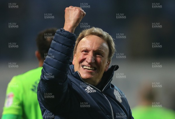 210218 - Ipswich Town v Cardiff City, Sky Bet Championship - Cardiff City manager Neil Warnock celebrates at the end of the match