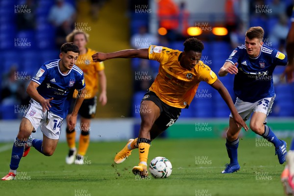 100821 - Ipswich Town v Newport County - Carabao Cup - Timmy Abraham of Newport County takes on Armando Dobra of Ipswich Town