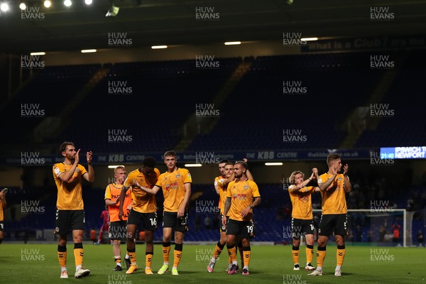 100821 - Ipswich Town v Newport County - Carabao Cup - The Newport County players celebrate the 0-1 win