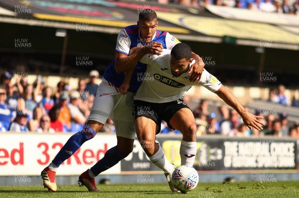 220419 - Ipswich Town v Swansea City - Sky Bet Championship - Collin Quaner of Ipswich Town and Cameron Carter-Vickers of Swansea City battle for possession