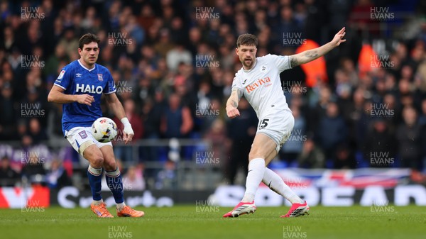 280226 - Ipswich Town v Swansea City - Sky Bet Championship - Cameron Burgess of Swansea City hitting cross field pass 