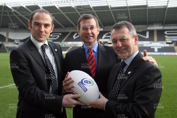 21.11.07 U20 Rugby World Cup launch. l-r, Phillipe Bordarias Tournament Director,Roger Lewis WRU Group Chief Executive and Steve Griffiths of the IRB, at the the announcement of the IRB Junior World Championship in Wales. 