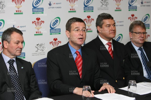 21.11.07 U20 Rugby World Cup launch. L-r Steve Griffiths of the IRB, Roger Lewis WRU Group Chief Executive, David Pickering WRU Chairman, and Rhodr Glyn Thomas Welsh Assembly Sports Minister at the the announcement of the IRB Junior World Championship in Wales. 