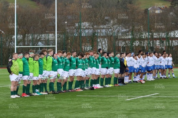 310318 - Ireland U18 v Italy U18, U18s Six Nations Festival, Ystrad Mynach - The teams line up for the anthems at the start of the match