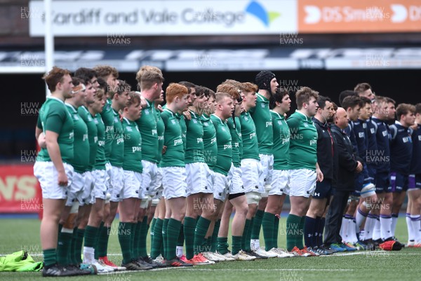 080418 - Ireland U18 v Scotland U18 - Under 18 Six Nations Festival - Ireland players during the anthems