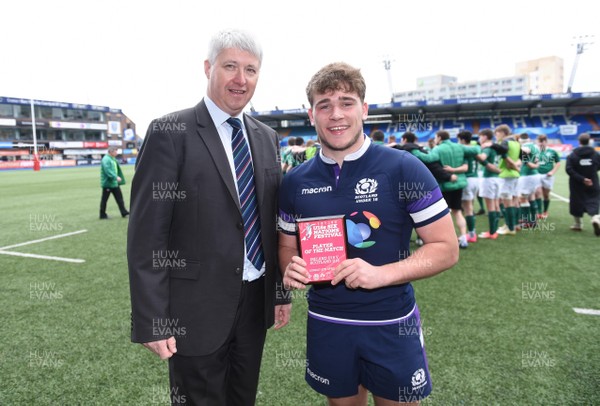 080418 - Ireland U18 v Scotland U18 - Under 18 Six Nations Festival - Rory Jackson of Scotland receives his player of the game award