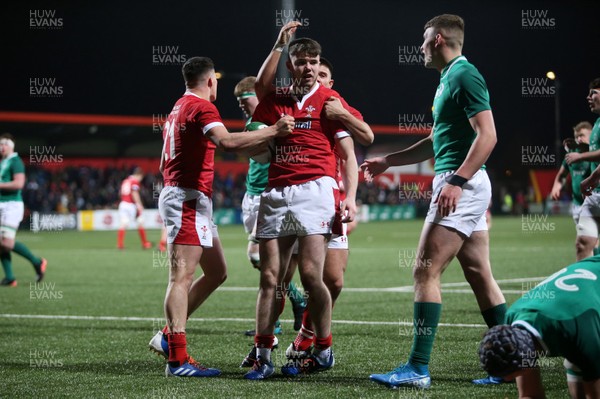 070220 - Ireland U20s v Wales U20s - U20s 6 Nations Championship - Osian Knott of Wales celebrates scoring a try