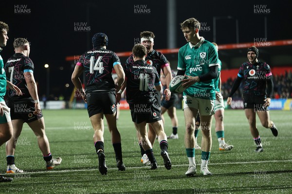 070326 - Ireland U20s v Wales U20s - U20s Six Nations Championship - Tom Bowen of Wales celebrates scoring a try with team mates