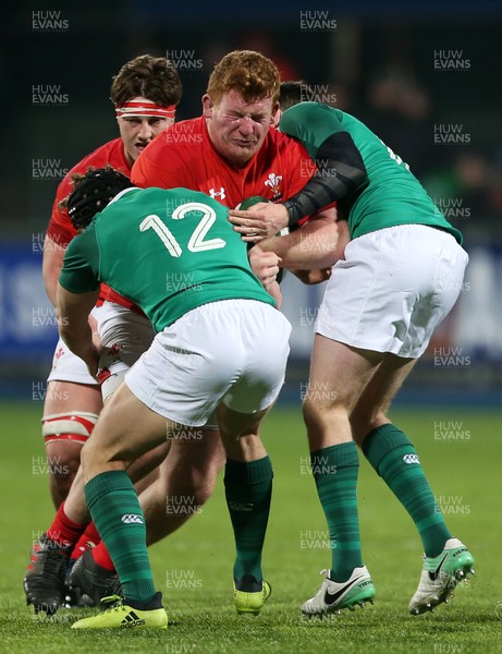 230218 - Ireland U20s v Wales U20s - Natwest 6 Nations - Rhys Carre of Wales is tackled by Angus Curtis and Angus Kernohan of Ireland