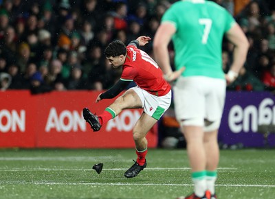 230224 - Ireland U20s v Wales U20s - U20s 6 Nations Championship - Harri Wilde of Wales kicks a penalty