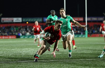 230224 - Ireland U20s v Wales U20s - U20s 6 Nations Championship - Ieuan Davies of Wales runs in to score a try