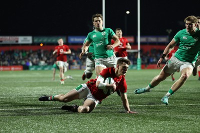 230224 - Ireland U20s v Wales U20s - U20s 6 Nations Championship - Ieuan Davies of Wales runs in to score a try