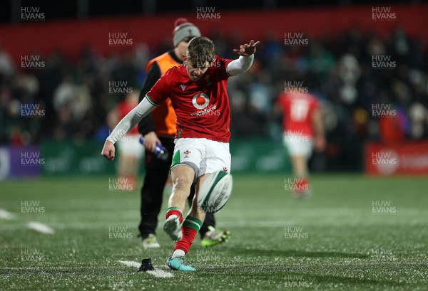 230224 - Ireland U20s v Wales U20s - U20s 6 Nations Championship - Harri Ford of Wales kicks