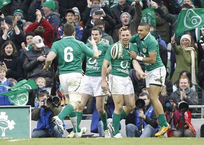 241112 Ireland v Argentina - Autumn Internationals 2012 - Tommy Bowe of Ireland is congratulated by Jonathan Sexton, Simon Zebo and Peter O'Mahoney after scoring a try 