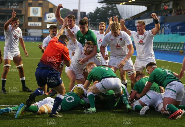 010721 - Ireland U20 v England U20, 2021 Six Nations U20 Championship - England players celebrate as Sam Riley of England scores try