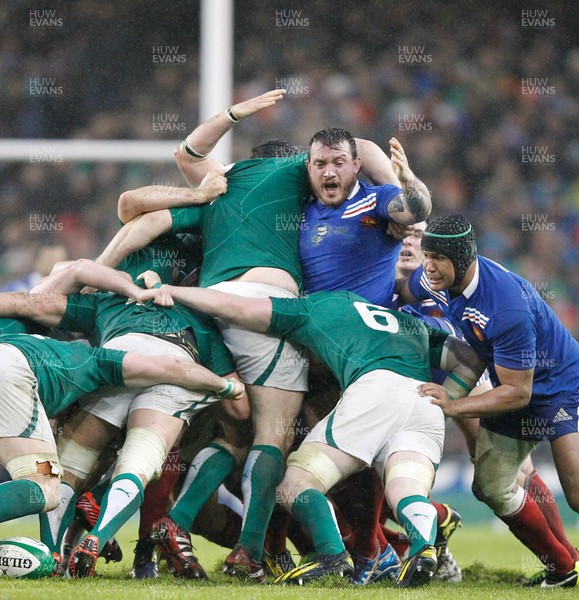 090313 Ireland v France - RBS Six Nations - Thomas Domingo of France appeals against Mike Ross of Ireland 