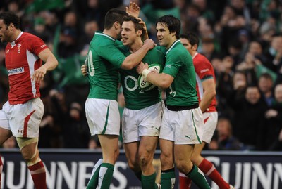 05.02.12 - Ireland v Wales - RBS Six Nations 2012 -.Tommy Bowe of Ireland celebrates his try with team-mates..