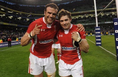 05.02.12 - Ireland v Wales - RBS Six Nations 2012 -.Jamie Roberts and Leigh Halfpenny of Wales celebrate at the end of the game..