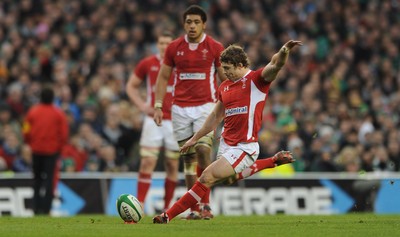 05.02.12 - Ireland v Wales - RBS Six Nations 2012 -.Leigh Halfpenny of Wales kicks the match winning penalty..