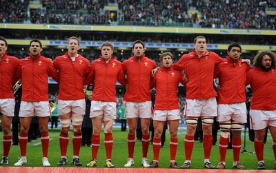 05.02.12 - Ireland v Wales - RBS Six Nations 2012 -.Mike Phillips, Bradley Davies, Rhys Priestland, Alex Cuthbert, Leigh Halfpenny, Ian Evans Toby Faletau and Adam Jones during the national anthems..