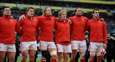 05.02.12 - Ireland v Wales - RBS Six Nations 2012 -.Huw Bennett, Jonathan Davies, Andy Powell, Rhys Gill, Jamie Roberts and Sam Warburton during the national anthems..