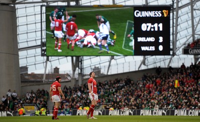 05.02.12 - Ireland v Wales - RBS Six Nations 2012 -.Leigh Halfpenny and Alex Cuthbert of Wales watch the television match official decision after Ryan Jones goes across the try line..