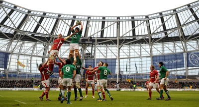 05.02.12 - Ireland v Wales - RBS Six Nations 2012 -.Bradley Davies of Wales and Donnacha O'Callaghan of Ireland compete for line-out ball..