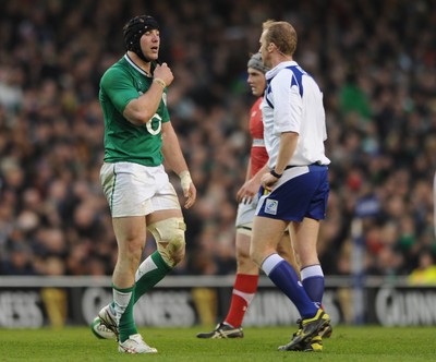 05.02.12 - Ireland v Wales - RBS Six Nations 2012 -.Stephen Ferris of Ireland is shown a yellow card by Referee Wayne Barnes..