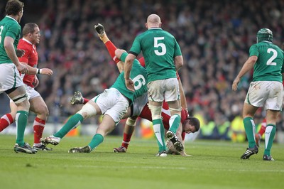 05.02.12  Ireland  v Wales .Stephen Ferris of Ireland spear-tackles Ian Evans resulting in a yellow card..