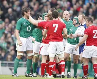 05.02.12 - Ireland v Wales - RBS Six Nations.Ireland's Donncha O'Callaghan and Wales' Rhys Gill exchange pleasantries.