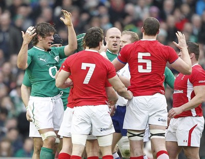 05.02.12 - Ireland v Wales - RBS Six Nations.Ireland's Donncha O'Callaghan and Wales' Rhys Gill exchange pleasantries.