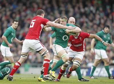 05.02.12 - Ireland v Wales - RBS Six Nations.Ireland's Jamie Heaslip hands off Wales' Ian Evans.