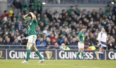 05.02.12 - Ireland v Wales - RBS Six Nations.Ireland's Stephen Ferris leaves the field after being shown a yellow card by referee Wayne Barnes.