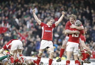 05.02.12 - Ireland v Wales - RBS Six Nations.Wales' Ian Evans, Rhys Gill and Jonathan Davies celebrate the win.