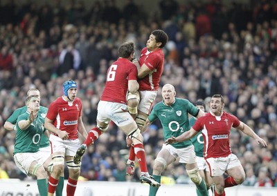 05.02.12 - Ireland v Wales - RBS Six Nations.Wales' Ryan Jones and Toby Faletau compete for the same high ball.