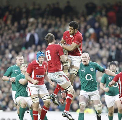 05.02.12 - Ireland v Wales - RBS Six Nations.Wales' Ryan Jones and Toby Faletau compete for the same high ball.