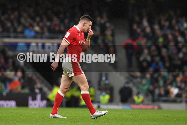 050222 - Ireland v Wales - Guinness Six Nations - Josh Adams of Wales reacts after being shown a yellow card
