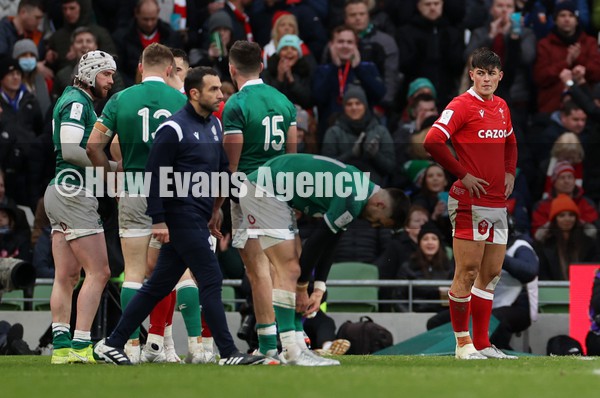 050222 - Ireland v Wales - Guinness Six Nations Championship - Dejected Louis Rees-Zammit of Wales at full time