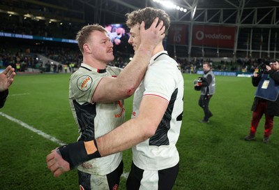 060326 - Ireland v Wales - Guinness Six Nations Championship - Dewi Lake and Louie Hennessey of Wales at full time