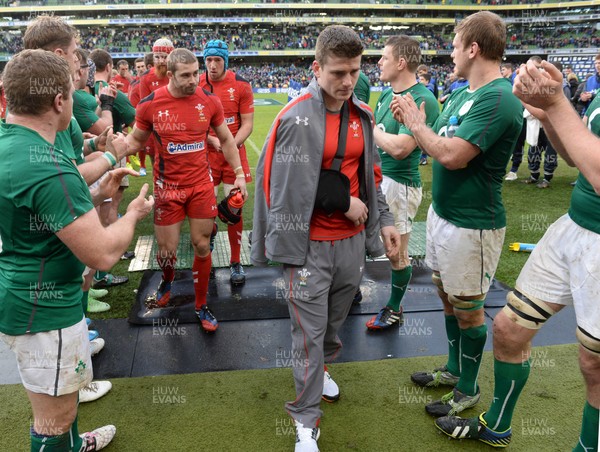 080214 - Ireland v Wales - RBS Six Nations 2014 -Scott Williams and Leigh Halfpenny of Wales looks dejected at the end of the game