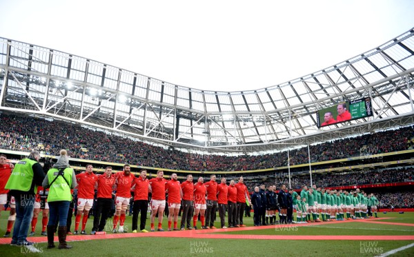 080220 - Ireland v Wales - Guinness Six Nations - Wales and Ireland players line up for the anthems