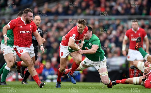 080220 - Ireland v Wales - Guinness Six Nations - Dan Biggar of Wales is tackled by James Ryan of Ireland